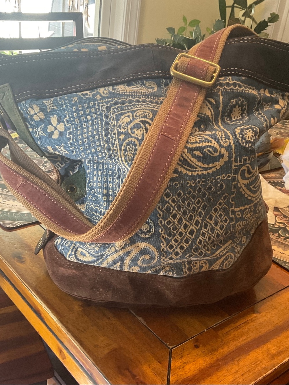 Lucky brand Blue Bandana Print Canvas Shoulder Bag with Brown Suede Trim